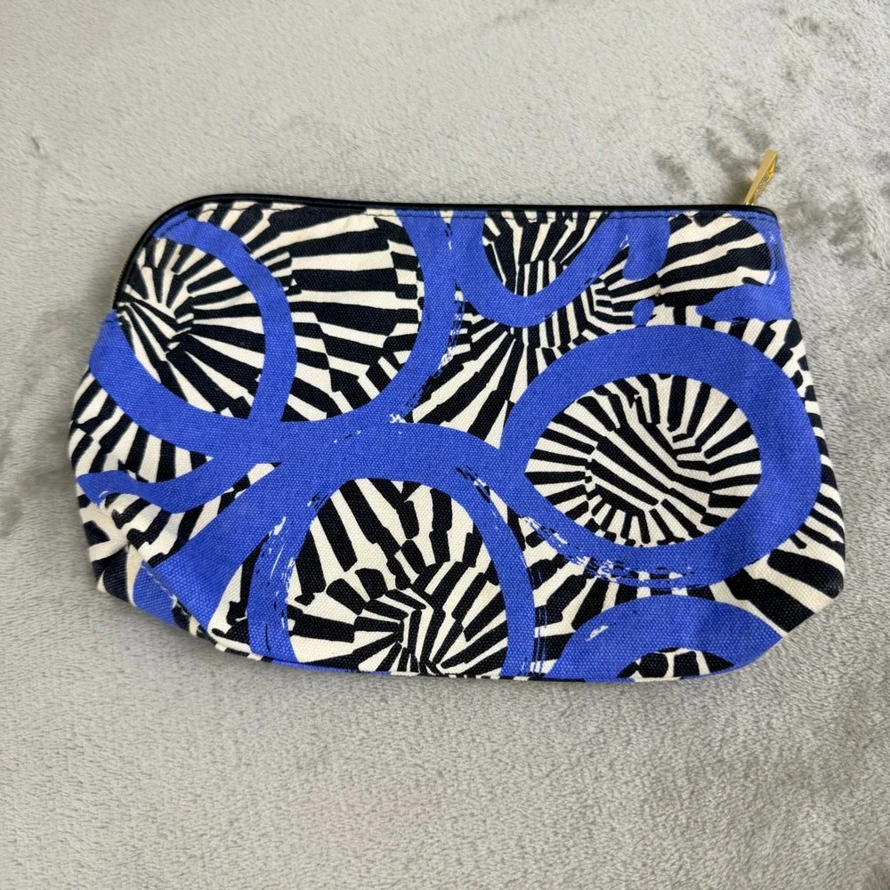 Estee Lauder Cosmetic Bag Blue White‎ Black Canvas Abstract Swirl Makeup Pouch